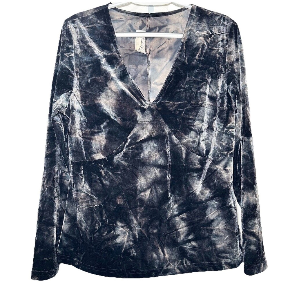 Y2K Stella USA Crushed Velvet Marbled Vneck Top XL Goth Grunge Long Sleeve